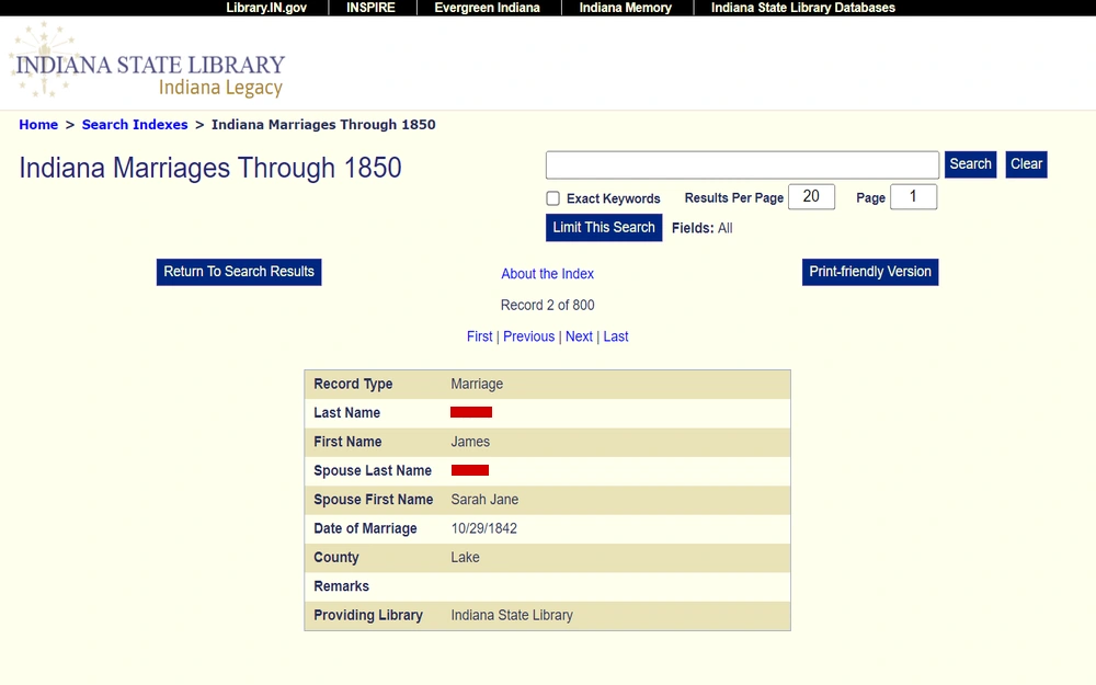 A screenshot from the Indiana State Library displaying a search result for a marriage record from 1842, including the names of the individuals, date of marriage, county, remarks, and providing library.