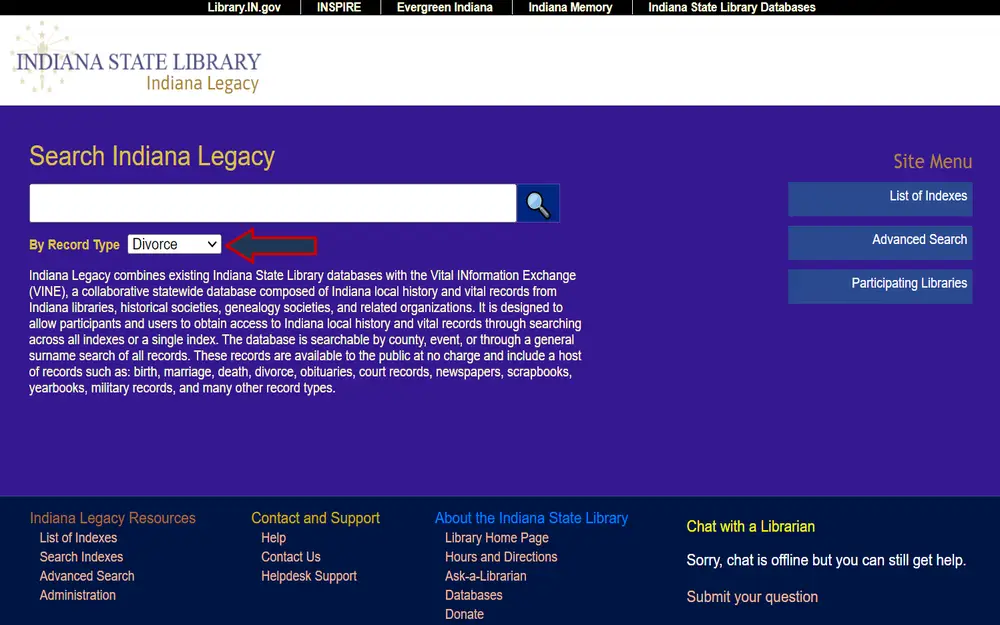 A screenshot from the Indiana State Library, set to 'Divorce' in the record type dropdown, with a description of the statewide database for accessing various public records.