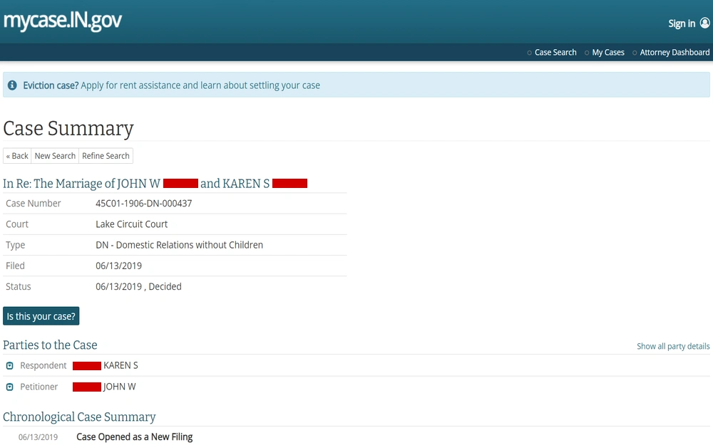 A screenshot from Indiana Judicial Courts displaying a dissolution of a marriage between two individuals, showing details such as case number, court type, filing date, and current status.