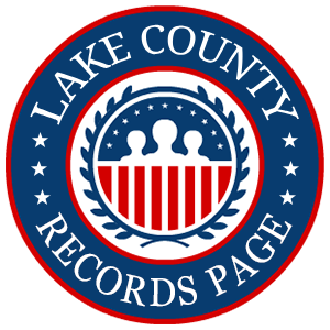 A round, red, white, and blue logo with the words 'Lake County Records Page' in relation to the state of Indiana.