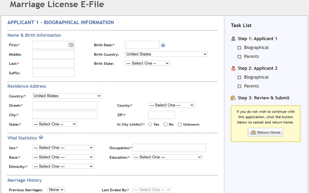 A screenshot from the Indiana Office of Judicial Administration showing fields for biographical information, residence address, vital statistics, and marriage history for the first applicant, and a task list for application steps.