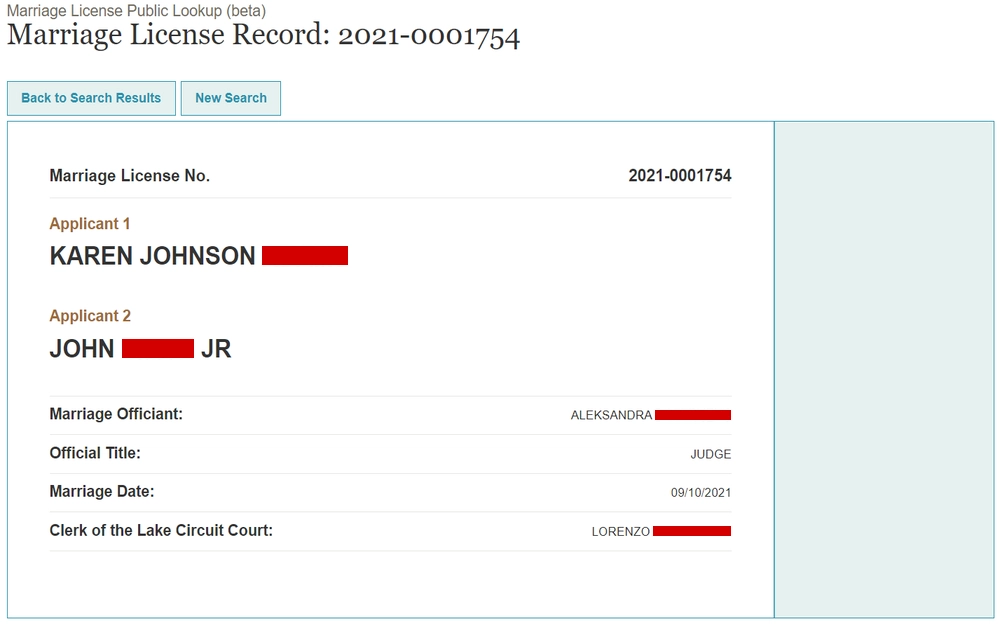 A screenshot from the State of Indiana Supreme Court detailing license number, names of the applicants, the officiant, their official title, and the date of marriage, with the name of the clerk of the court at the bottom.