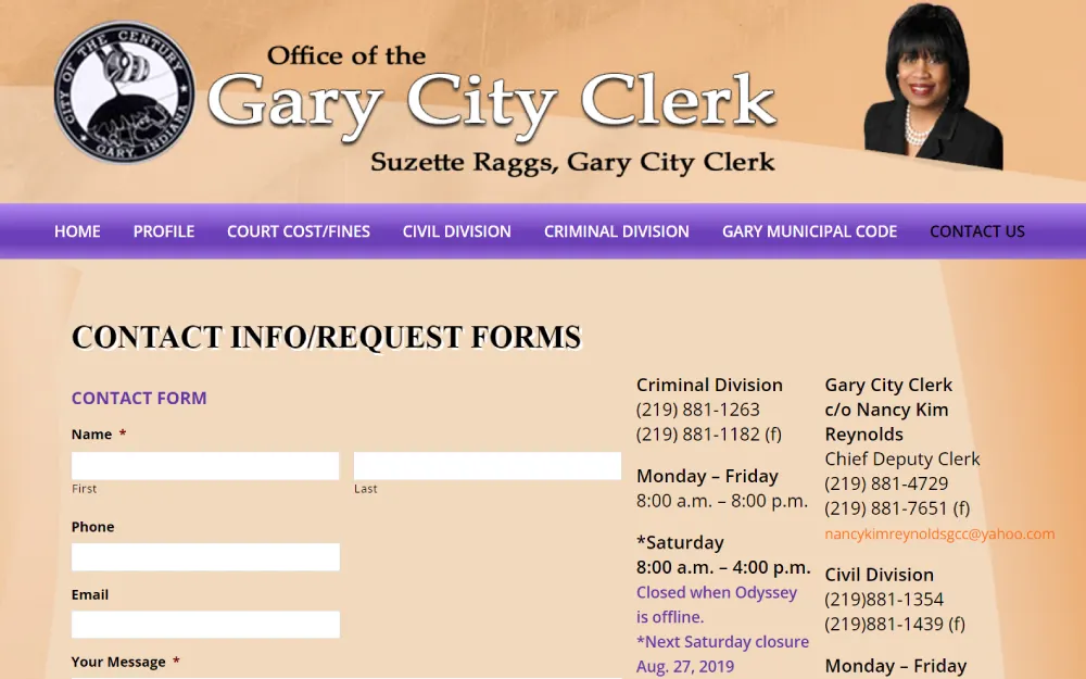 A screenshot displays the contact page from the official website of the Office of the Gary City Clerk, featuring a photo of the City Clerk, Suzette Raggs, along with a contact form for inquiries and various department contact details, including phone numbers, fax, and email, with operational hours listed for public reference.