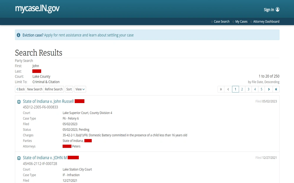 A screenshot from the Indiana Supreme Court showing a list of court cases associated with a certain individual, with details such as the case number, court type, and status, alongside charges and filing dates.