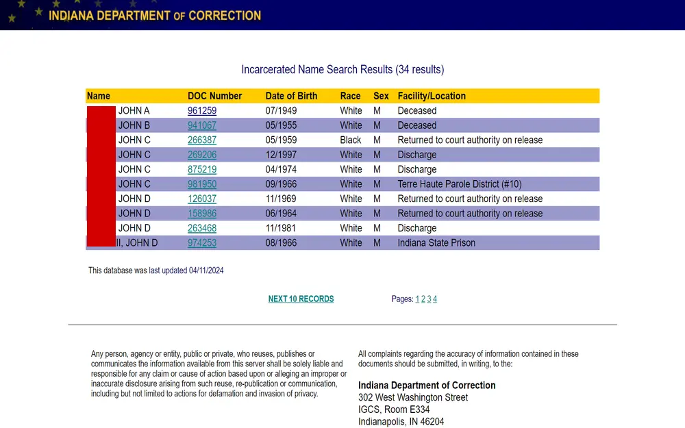 A screenshot displaying a table of individuals' names, associated DOC numbers, dates of birth, race, sex, and current facility location or status, as updated by the Indiana Department of Correction, indicating whether they are incarcerated, released, or deceased.