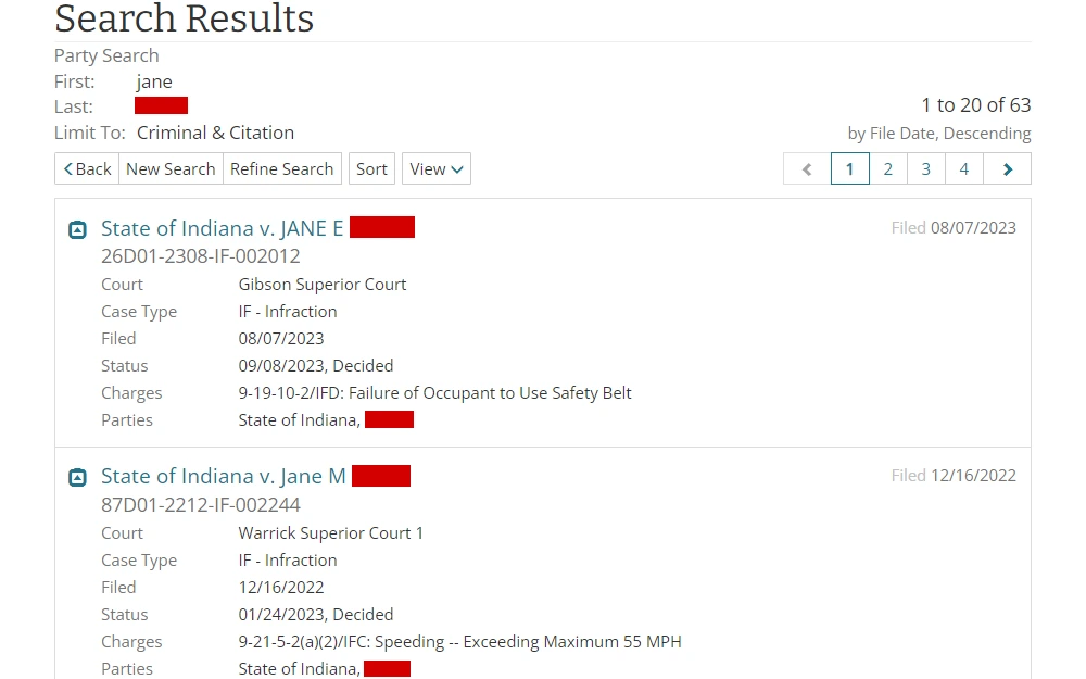 A screenshot of the search results of criminal and citation cases from the Indiana Office of Judicial Administration lists the case titles, numbers, courts, types, filed dates, latest status and dates, charges, and parties.