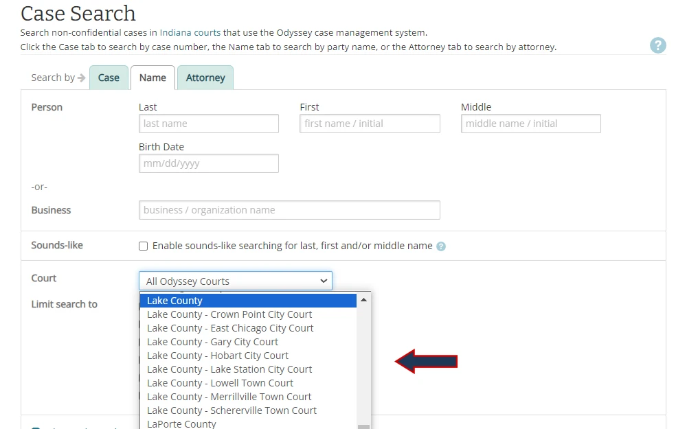 A screenshot of the MyCase search tool provided by the Indiana Office of Judicial Administration shows the fields under the 'name' tab, including last, first, and middle names, birth date, business name, and a drop-down menu for court selection.