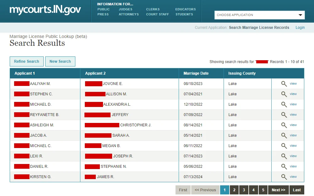 A screenshot of the marriage lookup results lists the names of both applicants, marriage date, issuing county, and a magnifying glass icon that allows searchers to view more information.