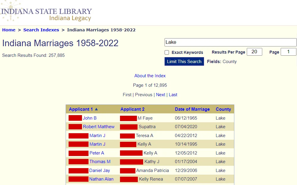 A screenshot of the search results for Indiana marriages from the state library shows the names of both applicants, their date of marriage, and county.