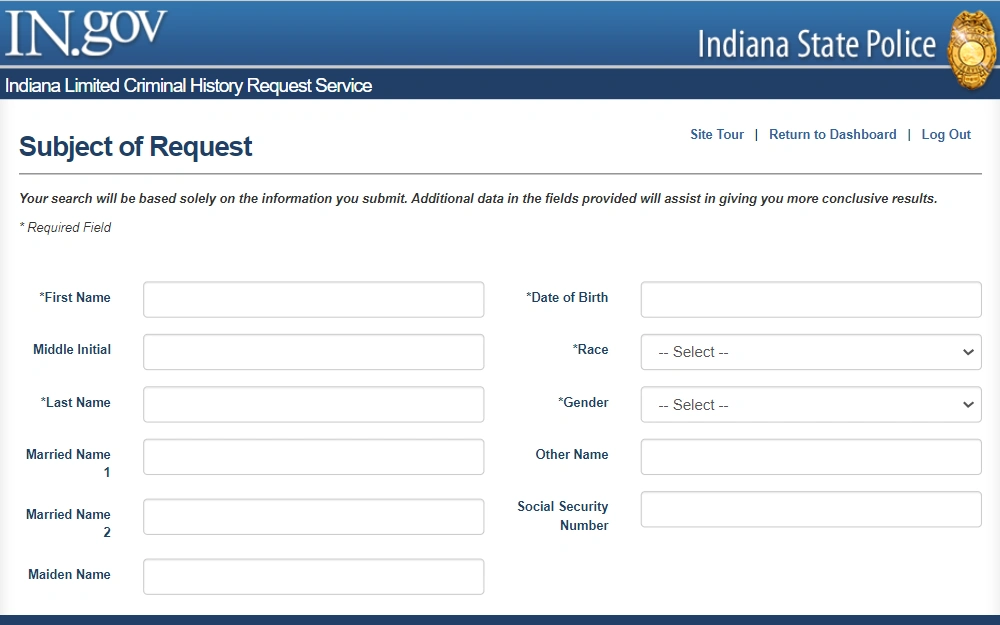 A screenshot of the third page of the limited criminal history request service provided by the Indiana State Police displays fields about the subject of the request, including the name, married and/or maiden name (if applicable), date of birth, race, gender, and social security number.