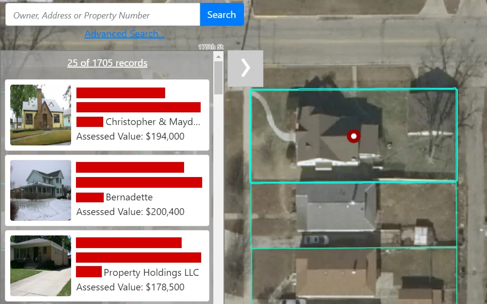 A screenshot of the property search results from Lake County Assessor displays the map view along with the properties' addresses, parcel numbers, owners, and assessed values.