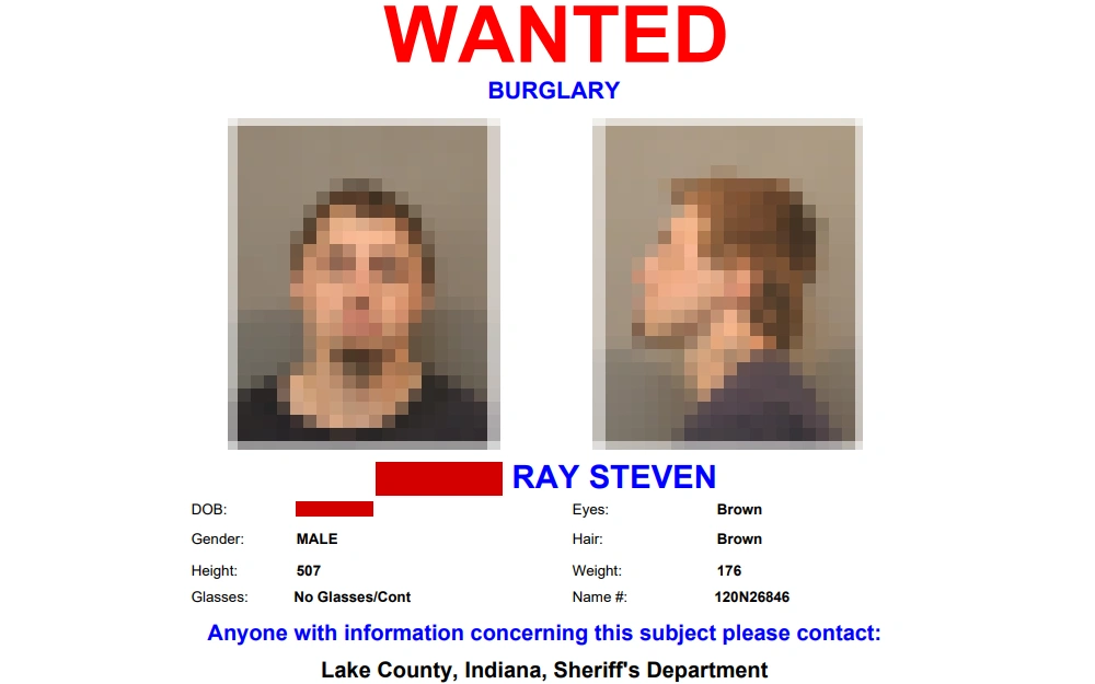 A screenshot of a wanted poster from the sheriff's office of Lake County displays the offender's front and side-view mugshots, name, date of birth, gender, eye and hair color, height, weight, and name number.