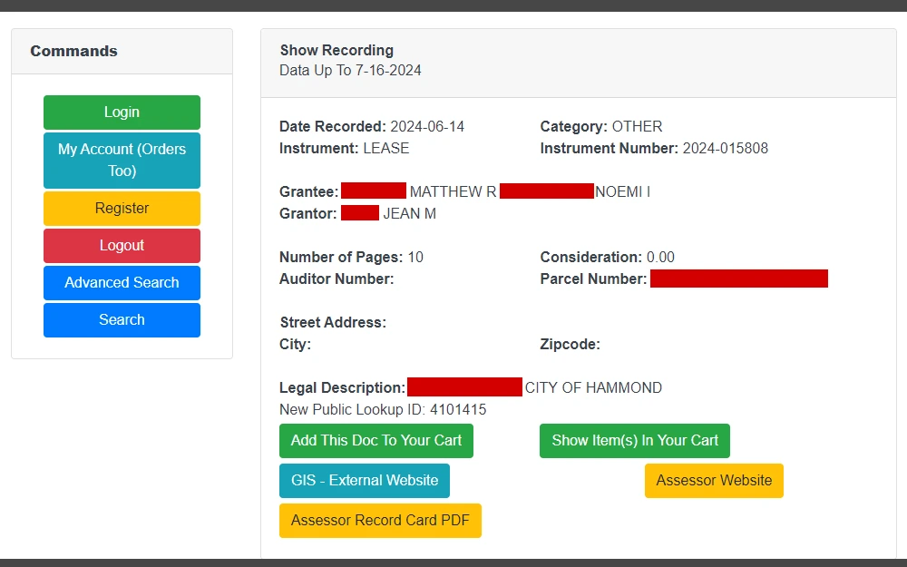 A screenshot of a lease record detail from the Lake County Recorder shows the date of record, category, instrument type, number, grantee, grantor, number of pages, consideration, auditor number, parcel number, address, legal description, and new public ID number, along with buttons that link to other relevant websites.