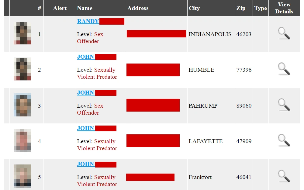 A screenshot of the search result of sex offenders in Lake County from the sheriff's office displays the mugshot preview, name, level of offense, address, city, zip code, and a magnifying glass icon for expanding details.