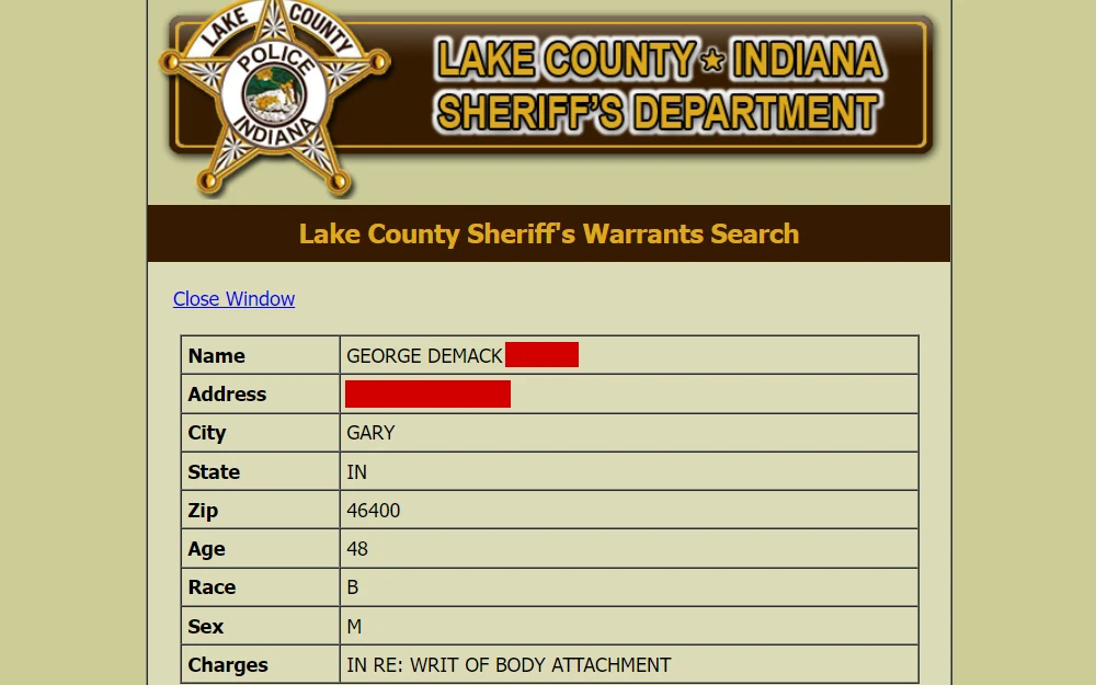 A screenshot of an individual's warrant information shows the name, address, city, state, zip code, age, race, sex, and charges, taken from the search tool provided by the Lake County Sheriff's Office.