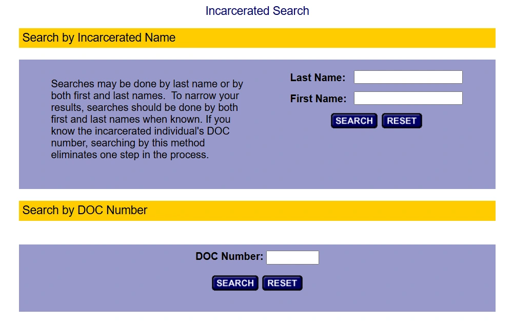 A screenshot of the Indiana Department of Corrections' Incarcerated Search page, showing two search options to find information: by last name or first and last name, or by DOC number.