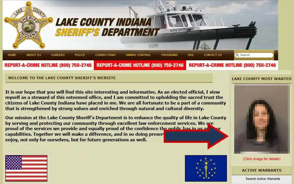 A screenshot of the Lake County Sheriff's Department website, featuring a "Lake County Most Wanted" section with a photo of a female suspect.