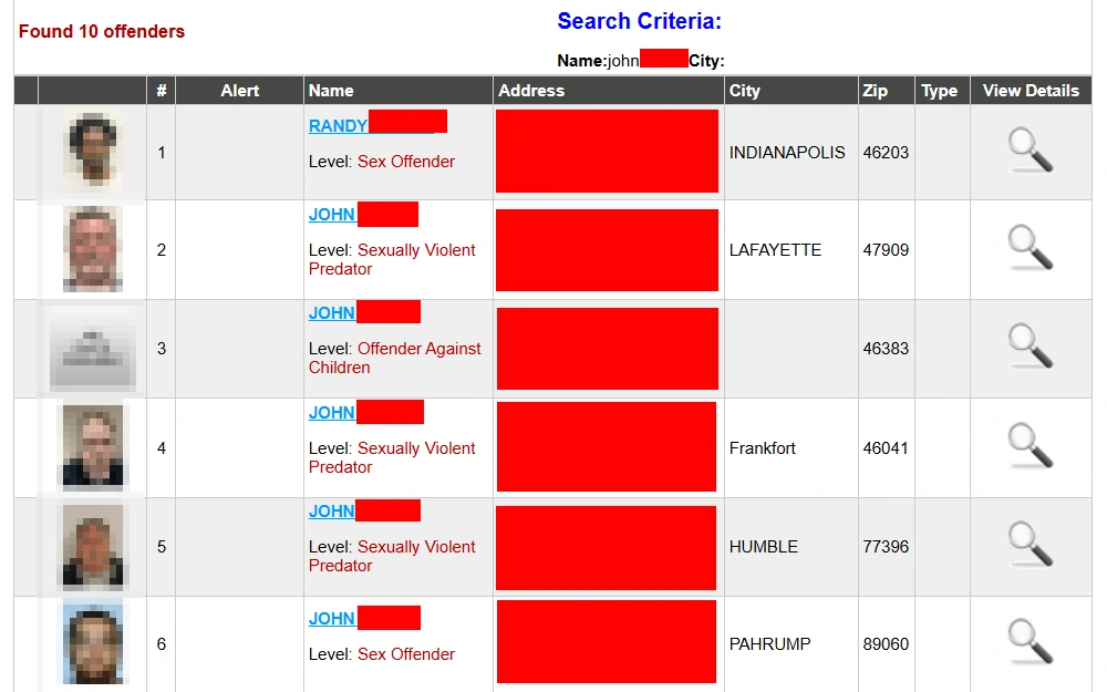 A screenshot from the Lake County Sheriff's Office Sex Offender Registry, displaying a list of inmates with their names, offense levels, and locations.